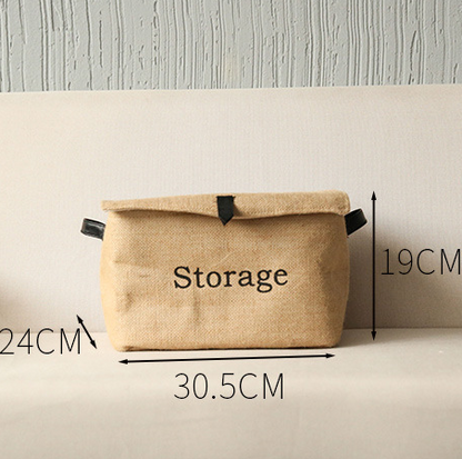 Hemp square clothing storage box cotton and linen retro folding green leather buckle covered storage box