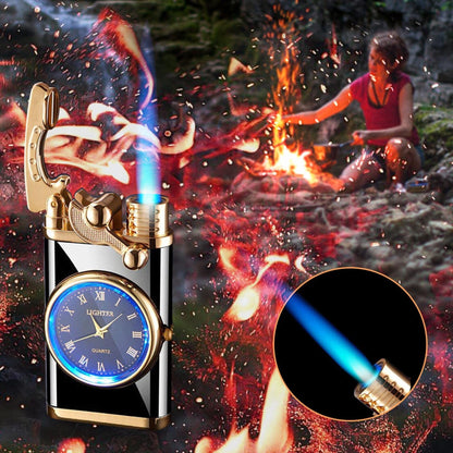 New Lighter With Electric Watch Rocker Arm Automatic Ignition Straight Blue Flame Lighter Creative Real Dial Inflatable Windproof Lighter Men's Watch Gift