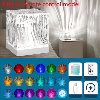 LED Water Ripple Ambient Night Light USB Rotating Projection Crystal Table Lamp RGB Dimmable Home Decoration 16 Color Gifts