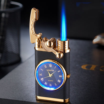 New Lighter With Electric Watch Rocker Arm Automatic Ignition Straight Blue Flame Lighter Creative Real Dial Inflatable Windproof Lighter Men's Watch Gift